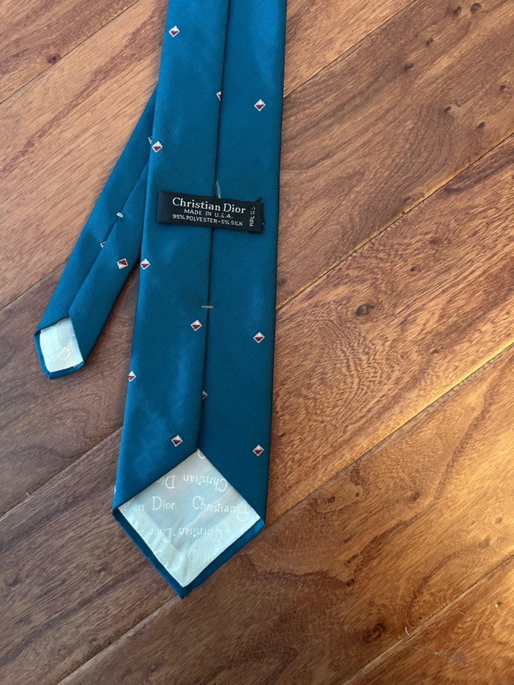 Christian Dior Vintage Logo Stamped Teal  Diamond Patterned Tie Made in USA - Picture 5 of 6